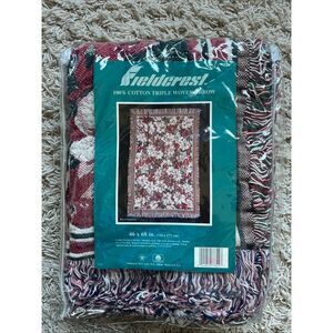 Vintage Fieldcrest Triple Woven Throw Royal Poinsettia Print 46X 68” NIP